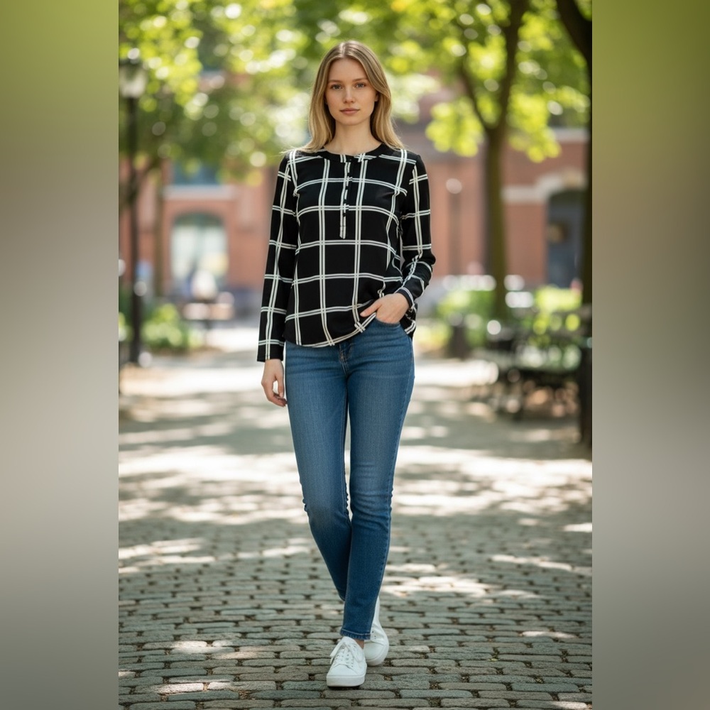 FLT Studio Black White Windowpane Henley Blouse‎ M Roll Tab Sleeve Work Top